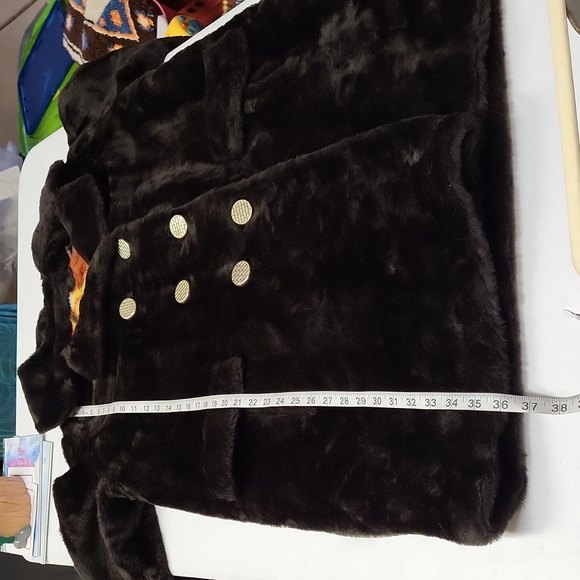 Vintage Carol Brent Faux Fur Pea Coat Gold Buttons Funky Printed Lining Size 2X - Picture 14 of 14